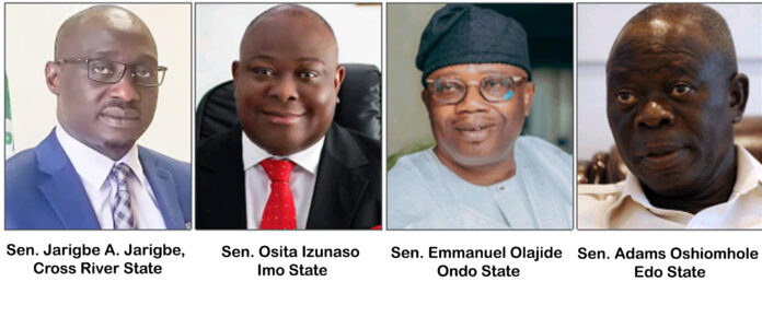 From L - R. Senators Jarigbe A. Jarigbe, Cross Rivers, Osita Izunaso Imo, Emmanuel Olajide Ondo, and Adams Oshiomhole Edo