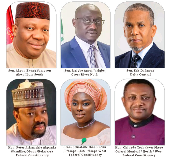 Top Row L-R. Sen. Akpan Ekong Sampson (Akwa Ibom South), Sen. Jarigbe Agom Jarigbe (Cross River North), Sen. Ede Dafinone (Delta Central) Bottom Row L-R. Hon. Peter Atianashie Akpanke (Obanliku/Obudu/Bekwarra Federal Constituency), Hon. Erhiatake Ibor-Suenu (Ethiope East/Ethiope West Federal Constituency), Hon. Chinedu Tochukwu Okere (Owerri Munical / North / West Federal Constituency)